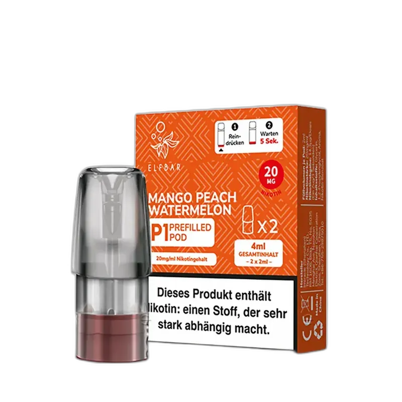 2x Elfbar Mate 500 Einweg P1 Pod - Mango Peach Watermelon - 20mg Nikotinsalz 2ml 2x Elfbar Mate 500 Einweg P1 Pod - Mango Peach Watermelon - 20mg Nikotinsalz 2ml